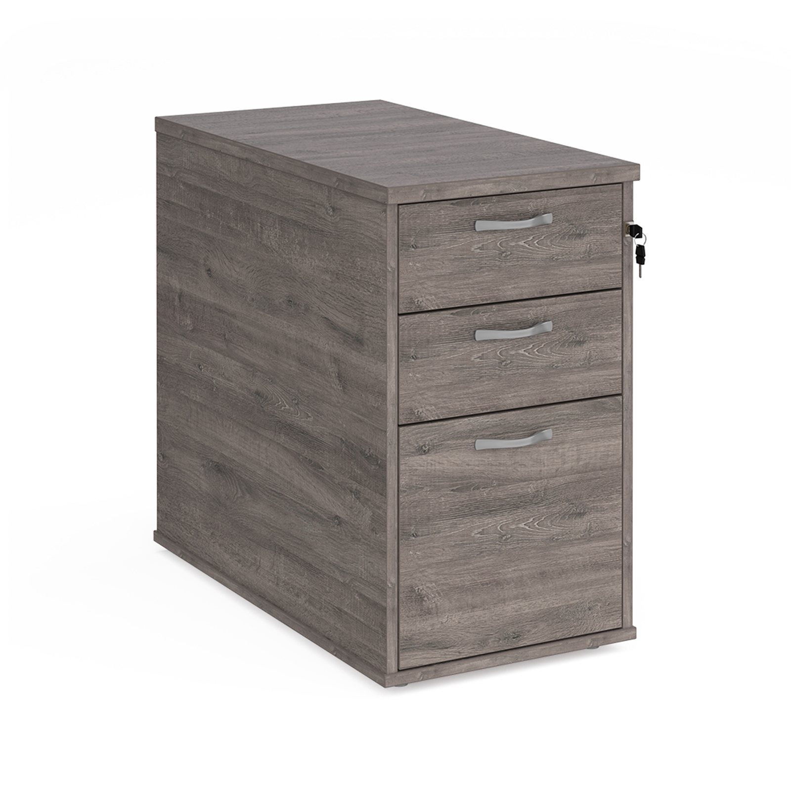 Desk high 3 drawer pedestal with silver handles 800mm deep – Grey Oak