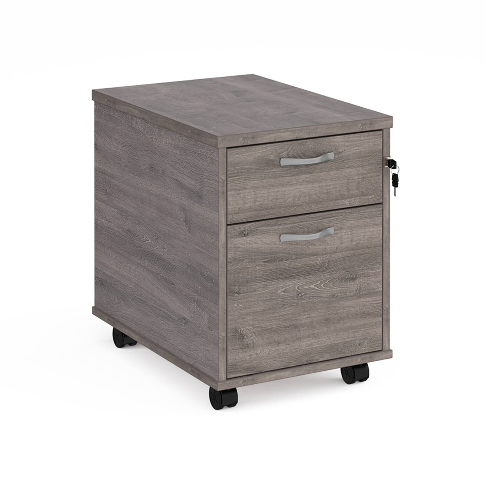 Mobile 2 drawer pedestal with silver handles 600mm deep – Grey Oak