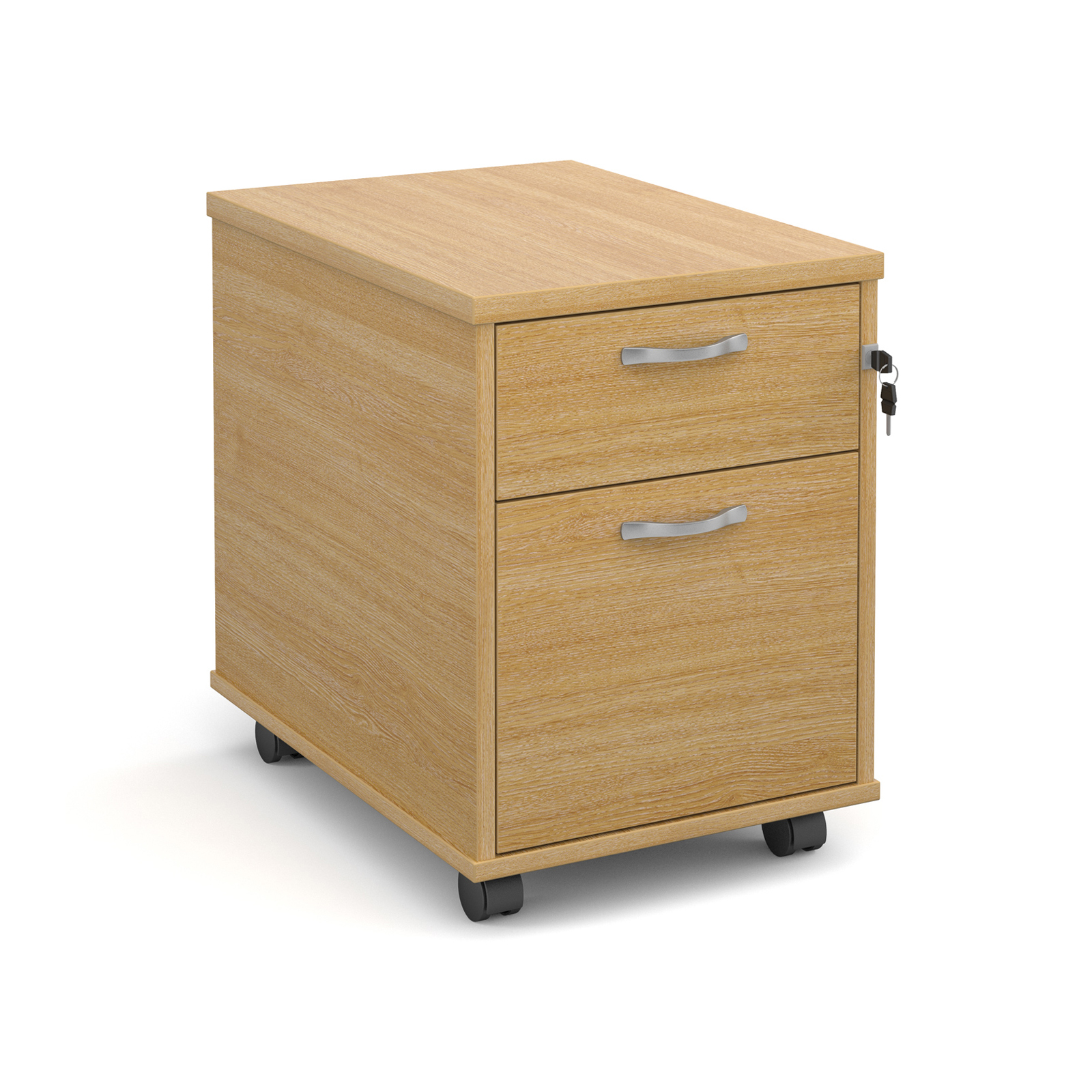 Mobile 2 drawer pedestal with silver handles 600mm deep – Oak