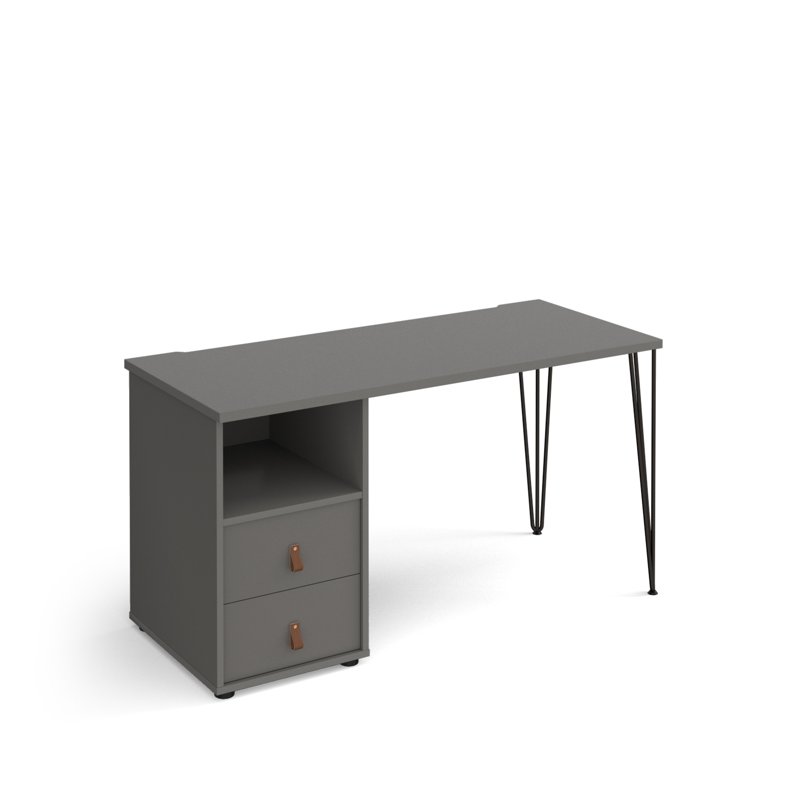 Tikal straight desk 1400mm x 600mm with hairpin leg and support pedestal with drawers – Onyx Grey