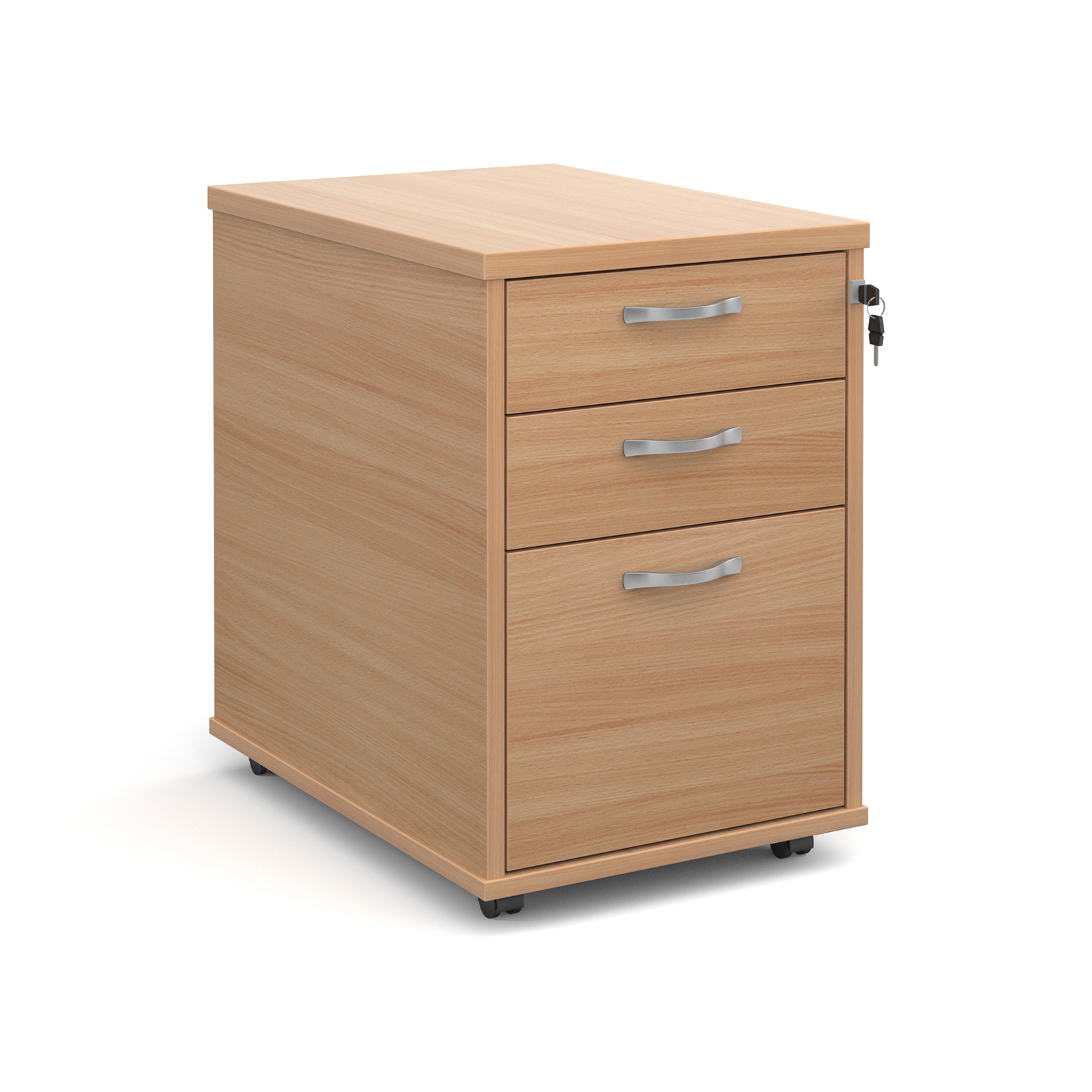 Tall mobile 3 drawer pedestal with silver handles 600mm deep – Beech