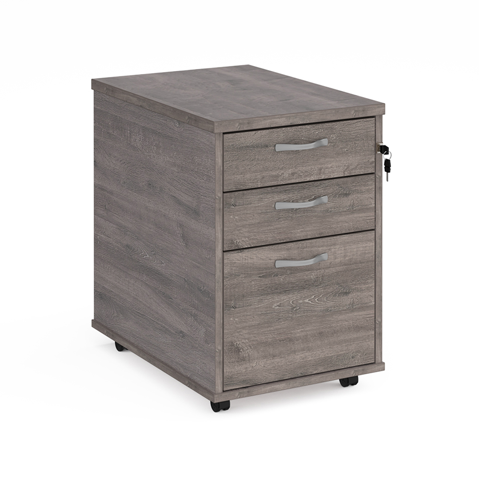 Tall mobile 3 drawer pedestal with silver handles 600mm deep – Grey Oak