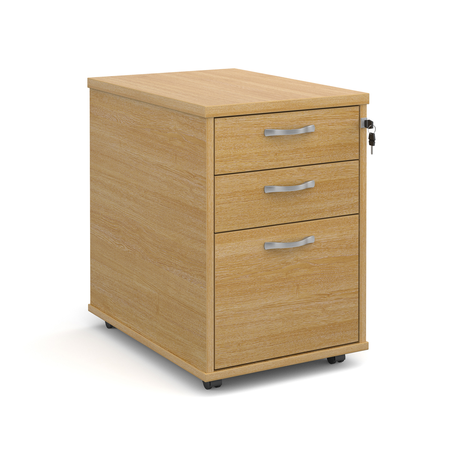 Tall mobile 3 drawer pedestal with silver handles 600mm deep – Oak