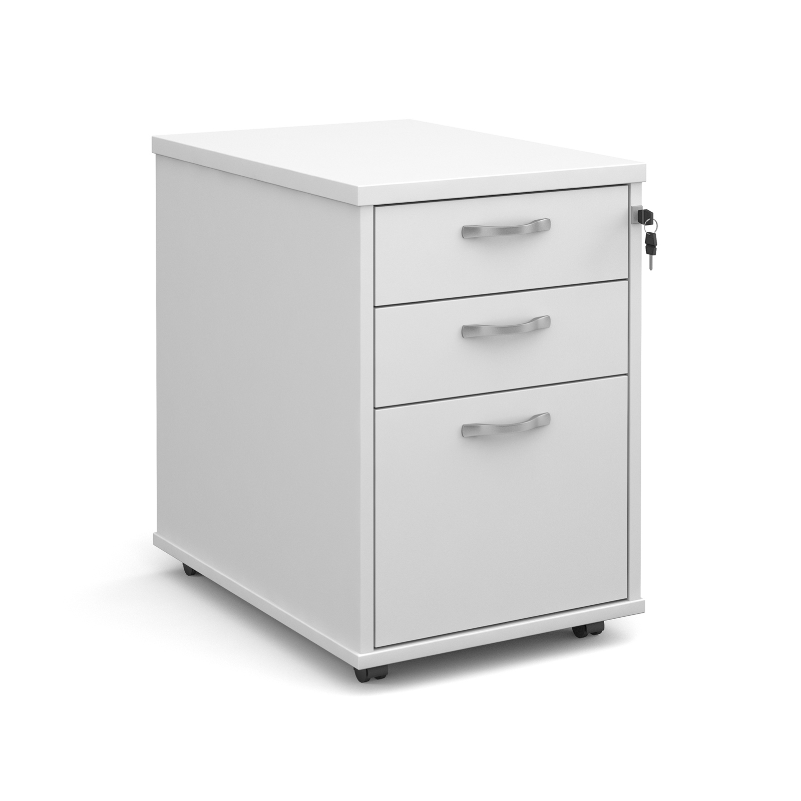 Tall mobile 3 drawer pedestal with silver handles 600mm deep – White